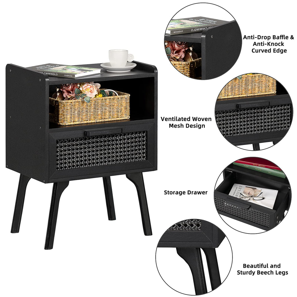 Lerliuo Rattan Nightstand, Boho Side Table with Drawer Open Shelf