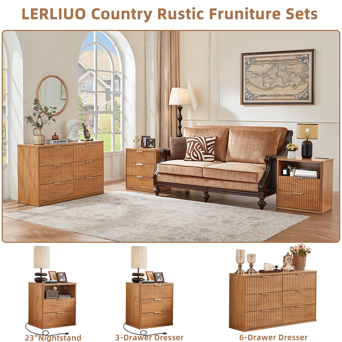 Lerliuo Fluted Nightstand with Charging Station, 23" Wide 2 Drawers End Table, Blue Night Stand with Open Storage Cabinet, Farmhouse Bed Side Tables, Wood Dresser for Bedroom
