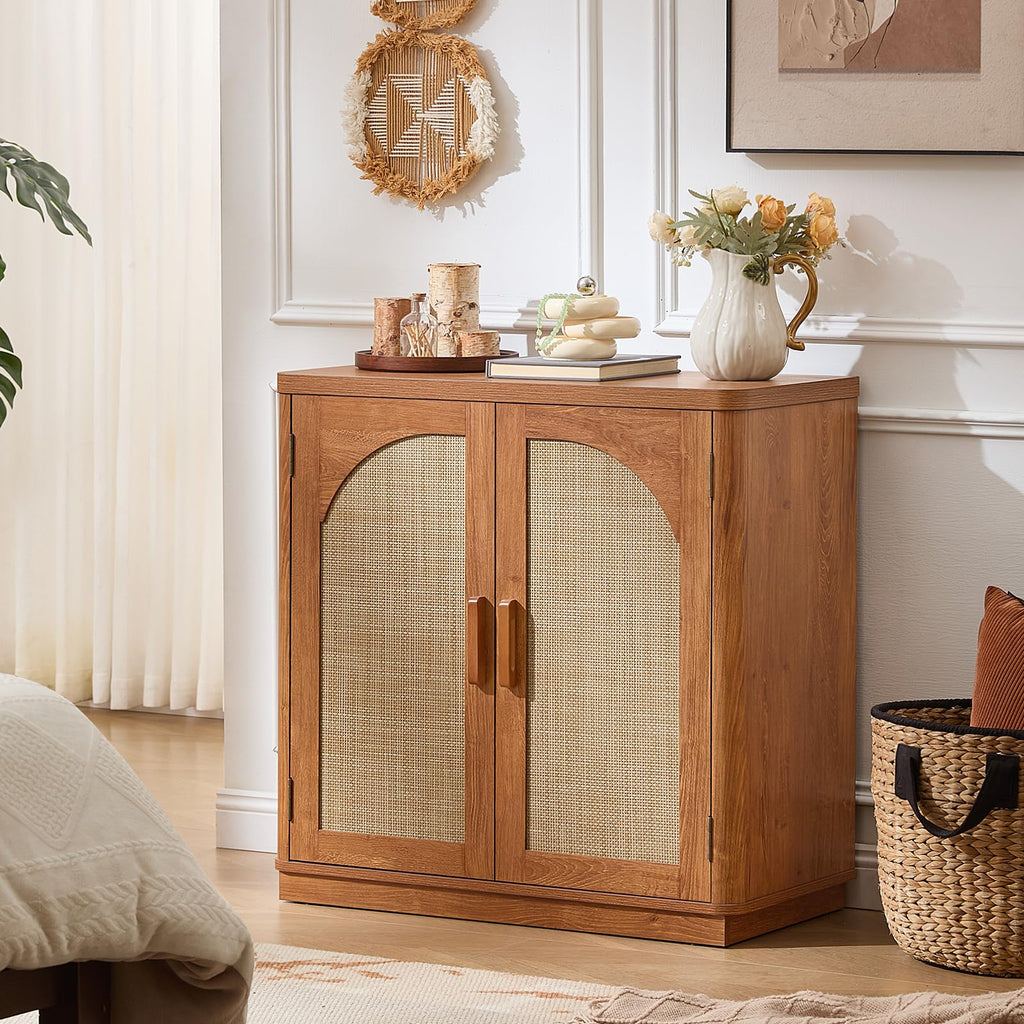 LEYAOYAO Rattan Sideboard Buffet Cabinet with Storage, 31.5" Coffee Bar Cabinet with Arch Doors & Adjustable Shelves, Wood Credenza, Boho Accent Cabinet for Kitchen, Living Room, Natural