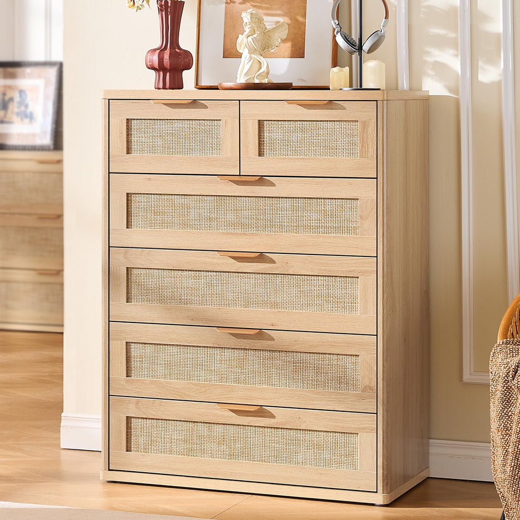 LEYAOYAO Rattan Dressers & Night Stand Set of 3, Boho Wood 48" Wide Dresser & 41"Tall Chest of Drawers, 23" with Charging Station Nightstand, Bedroom Furniture Dresser Set for Home Living Room Hallway