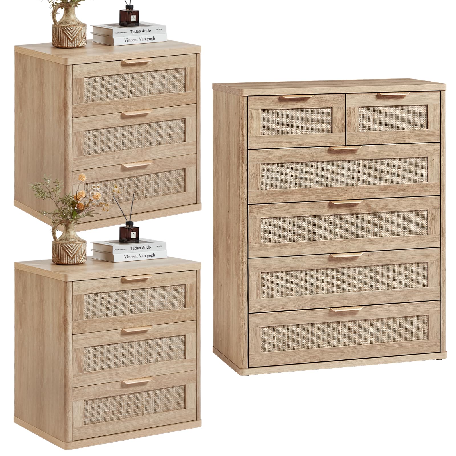 LEYAOYAO Rattan Dresser and Nightstand Set of 3, Boho Wood Dresser for Bedroom with 6 Drawers and Night Stand with Charging Station, Bedroom Furniture, Dressers & Chests of Drawers, Living Room