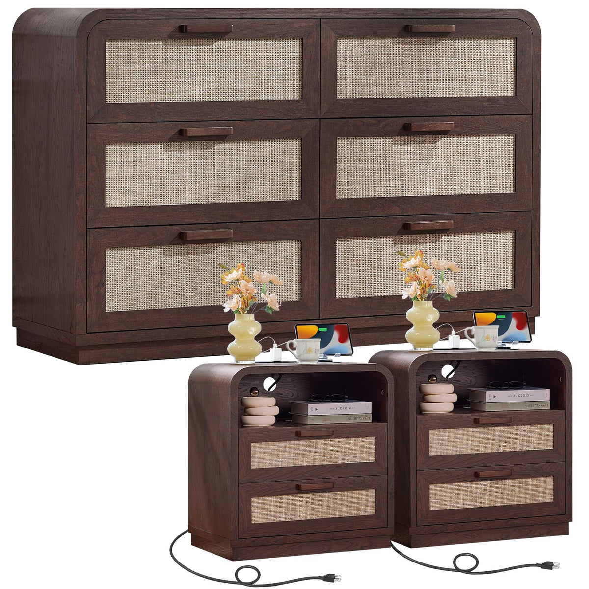 LEYAOYAO Curved Boho Dresser & Nightstand Set of 3, Natural Wood