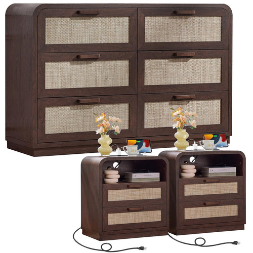 LEYAOYAO Curved Boho Dresser & Nightstand Set of 3, Natural Wood