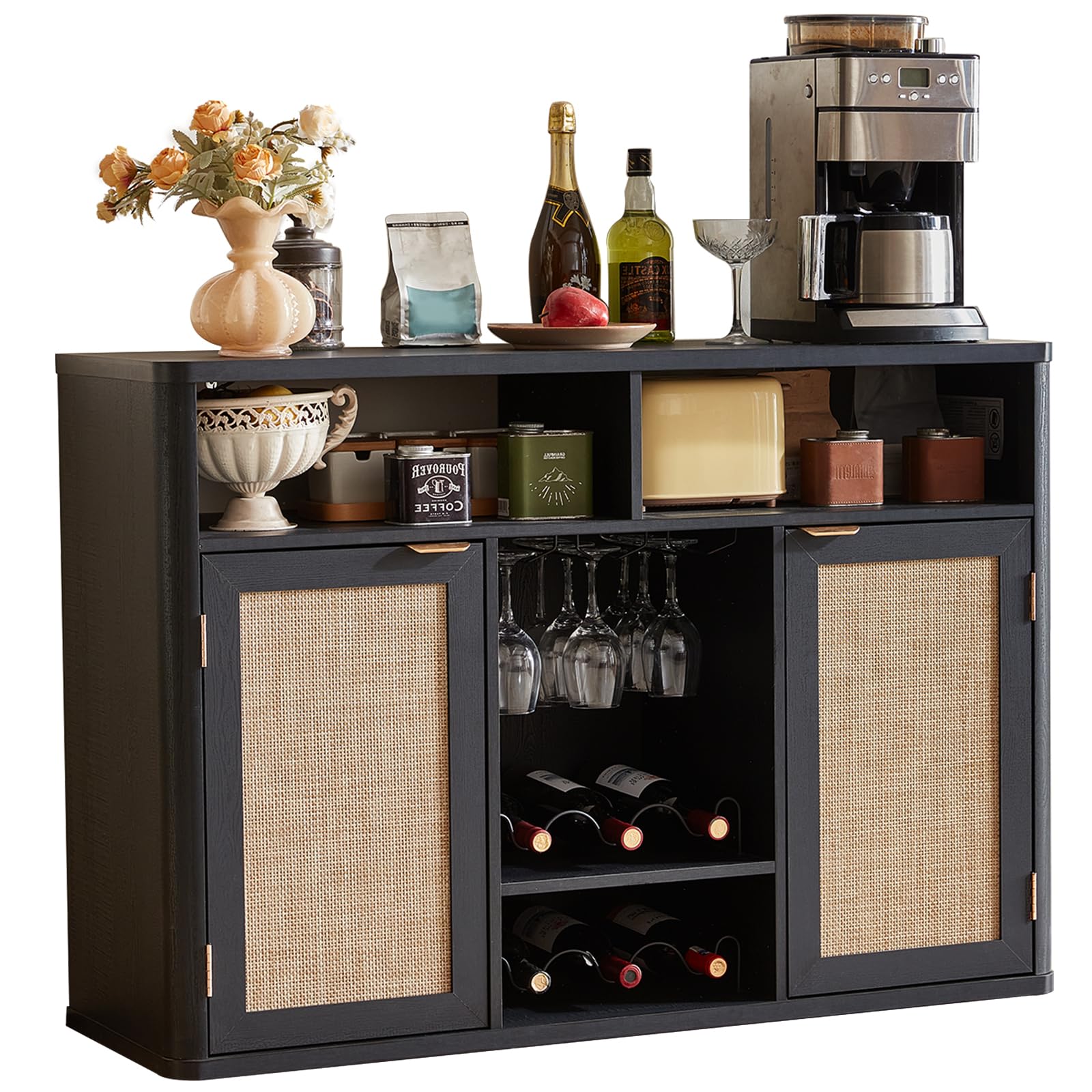 Lerliuo Rattan Wine Bar Cabinet with 2 Doors, Walnut