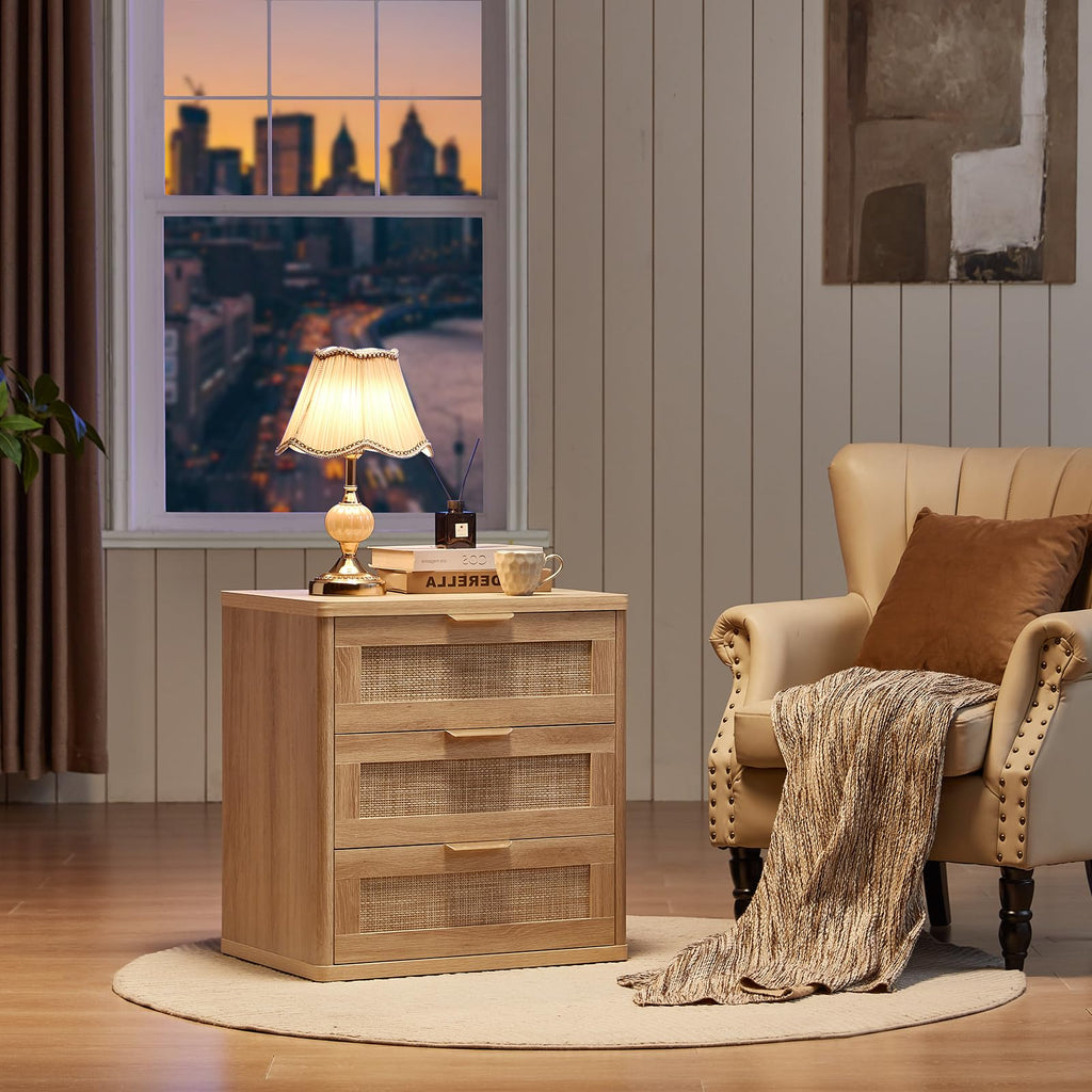 Lerliuo Rattan NightStand with Charger Station, 23" Wide Boho Bedside Table with Drawers, Natural Wood Night Stand Open Storage Cabinet, Bed Side End Table Dresser for Living Room, Hallway, Bedroom