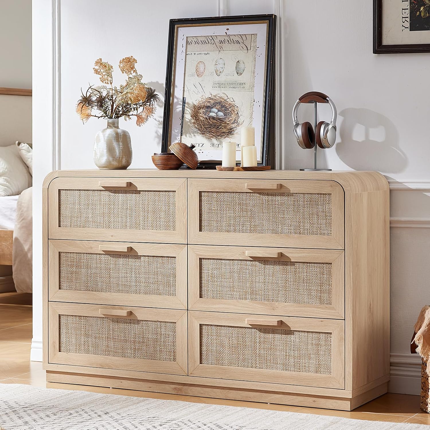LEYAOYAO Curved Boho Dresser & Nightstand Set of 3, Natural Wood