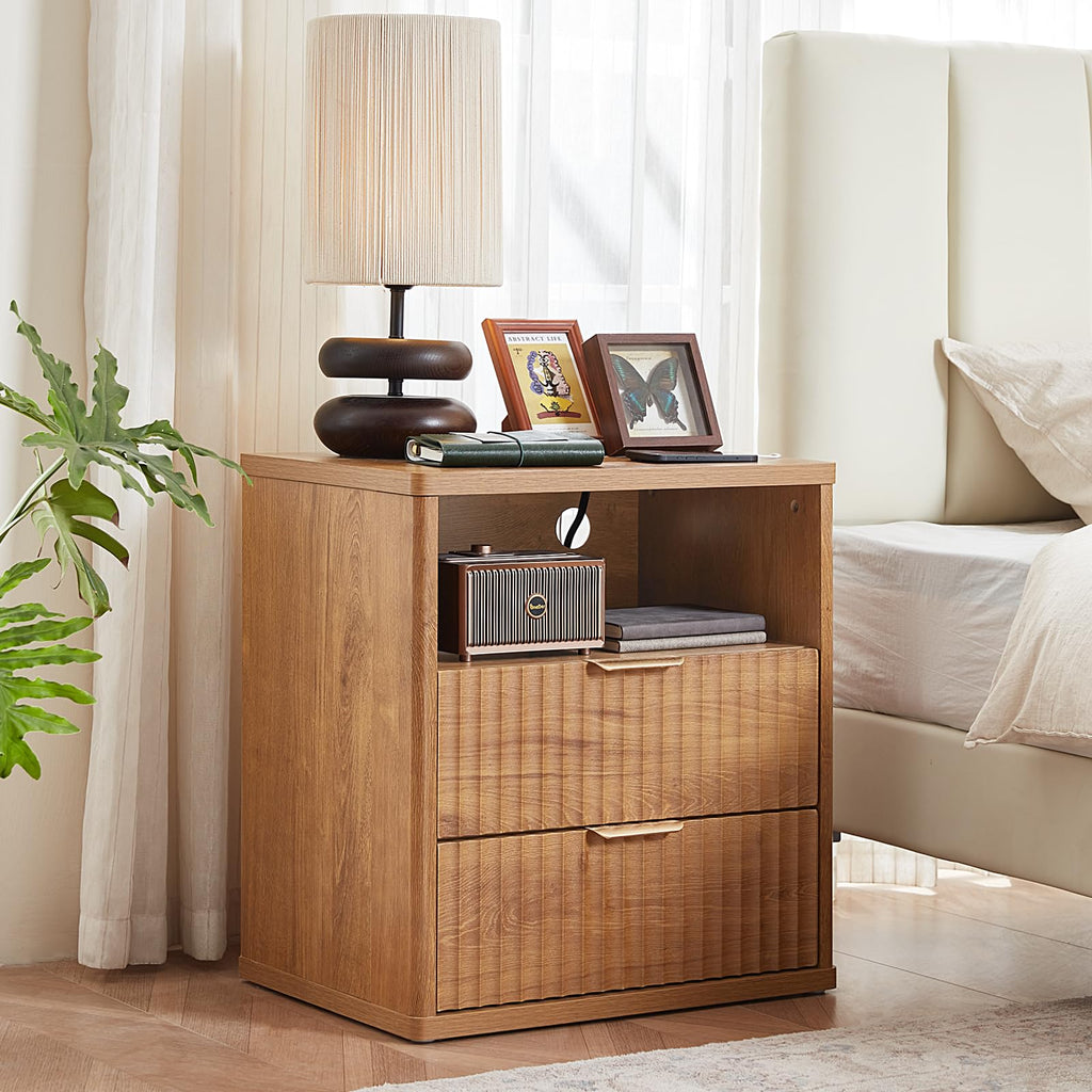 LEYAOYAO Fluted Dressers & Nightstand Set of 4, Wood 48" Wide Dresser & 42" Tall Chest of Drawers,Modern Bedroom Furniture Sets, Black Wooden Nightstand Set of 2 with 2 Drawers & Charging Station