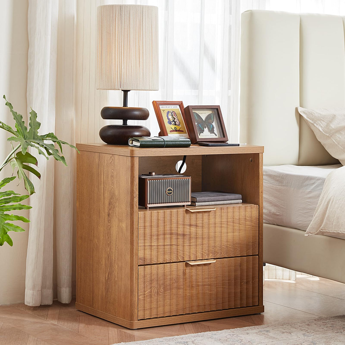 LEYAOYAO Fluted Dressers & Nightstand Set of 4, Wood 48" Wide Dresser & 42" Tall Chest of Drawers,Modern Bedroom Furniture Sets, Black Wooden Nightstand Set of 2 with 2 Drawers & Charging Station