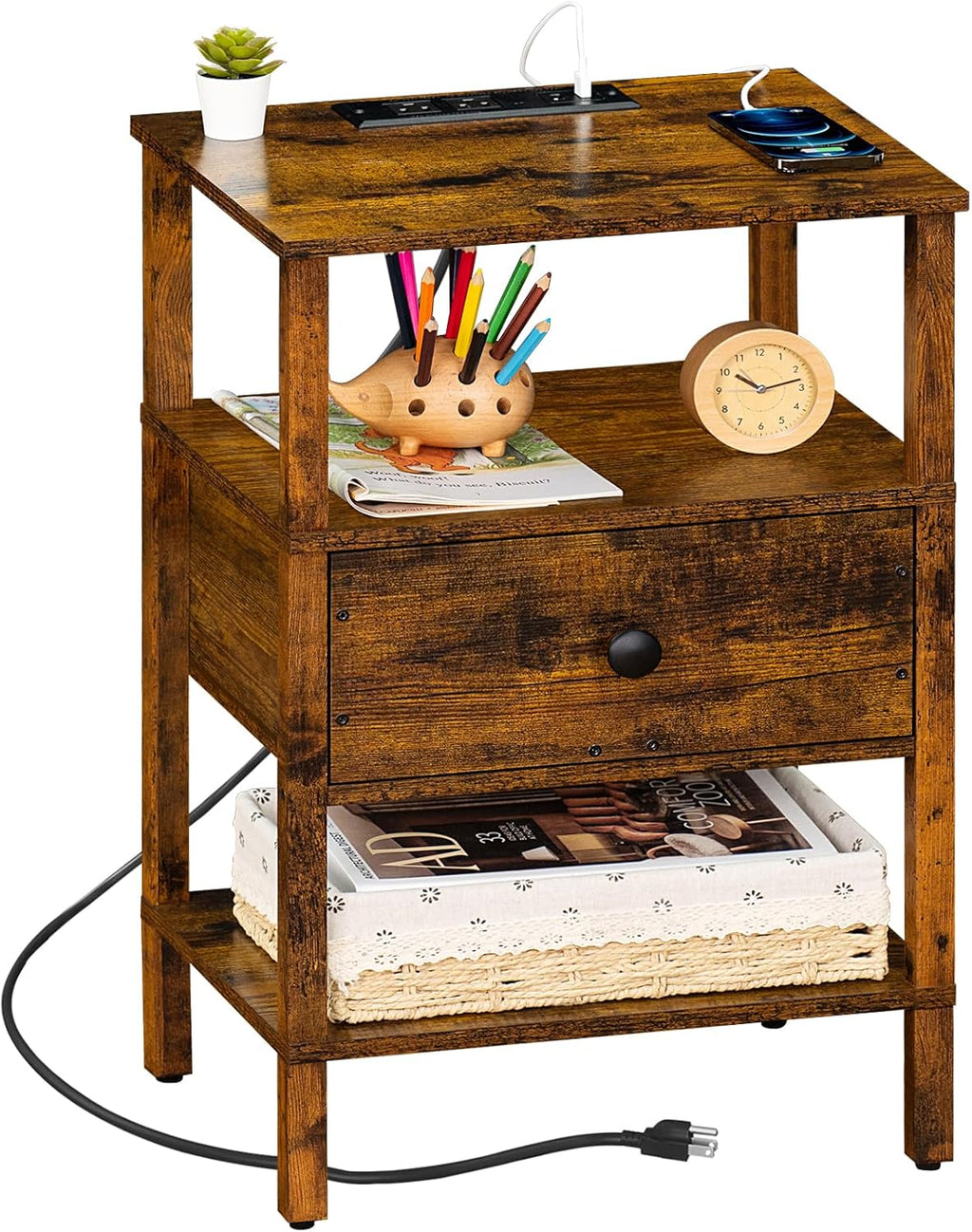 Lerliuo Nightstand with Charging Station and USB Ports, 3-Tier Storage End Table with Drawer Shelf, Night Stand for Small Spaces, Wood Bedside Table for Living Room, Bedroom - Retro Brown…