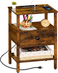 Lerliuo Nightstand with Charging Station and USB Ports, 3-Tier Storage End Table with Drawer Shelf, Night Stand for Small Spaces, Wood Bedside Table for Living Room, Bedroom - Retro Brown…