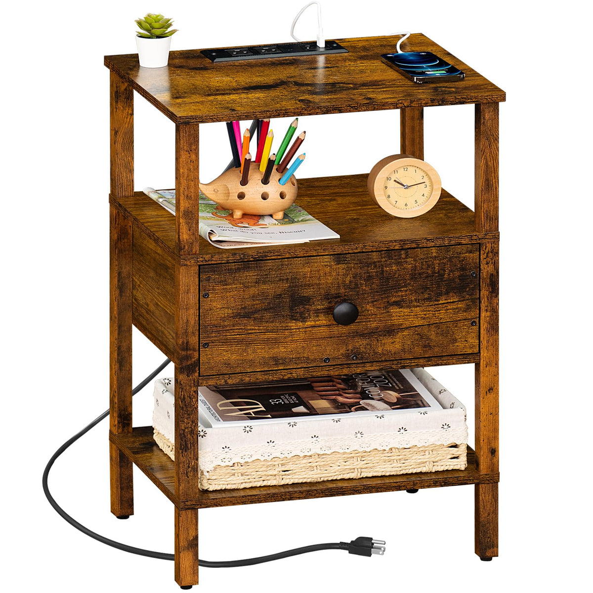 Lerliuo Nightstand Set 2 with Charger, 3 Tier Storage End Table