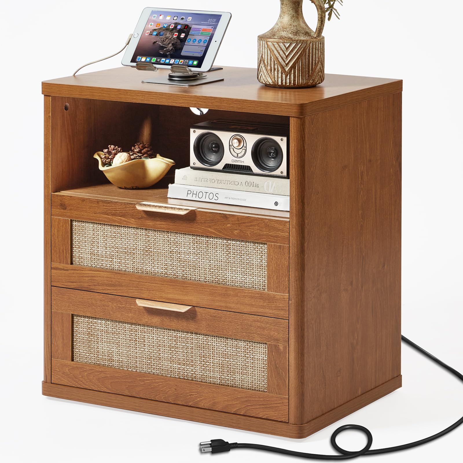 Lerliuo Rattan NightStand with Charger Station, 23" Wide Boho Bedside Table with Drawers, Natural Wood Night Stand Open Storage Cabinet, Bed Side End Table Dresser for Living Room, Hallway, Bedroom