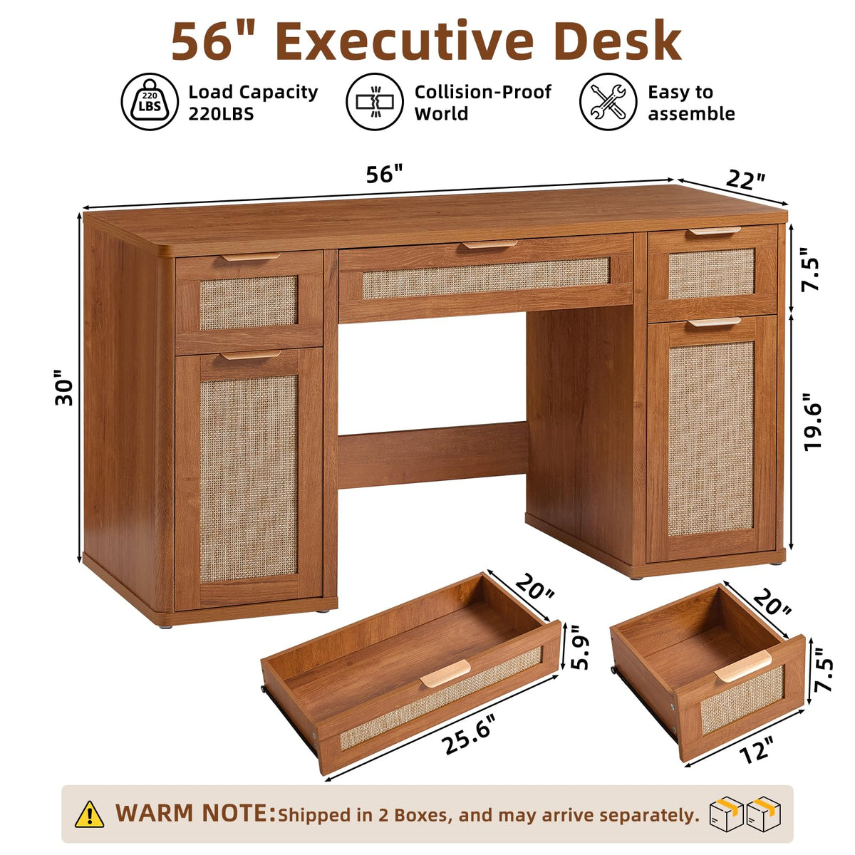 LEYAOYAO Office Desk 56" with 5 Drawers Storage File Cabinet, Natural
