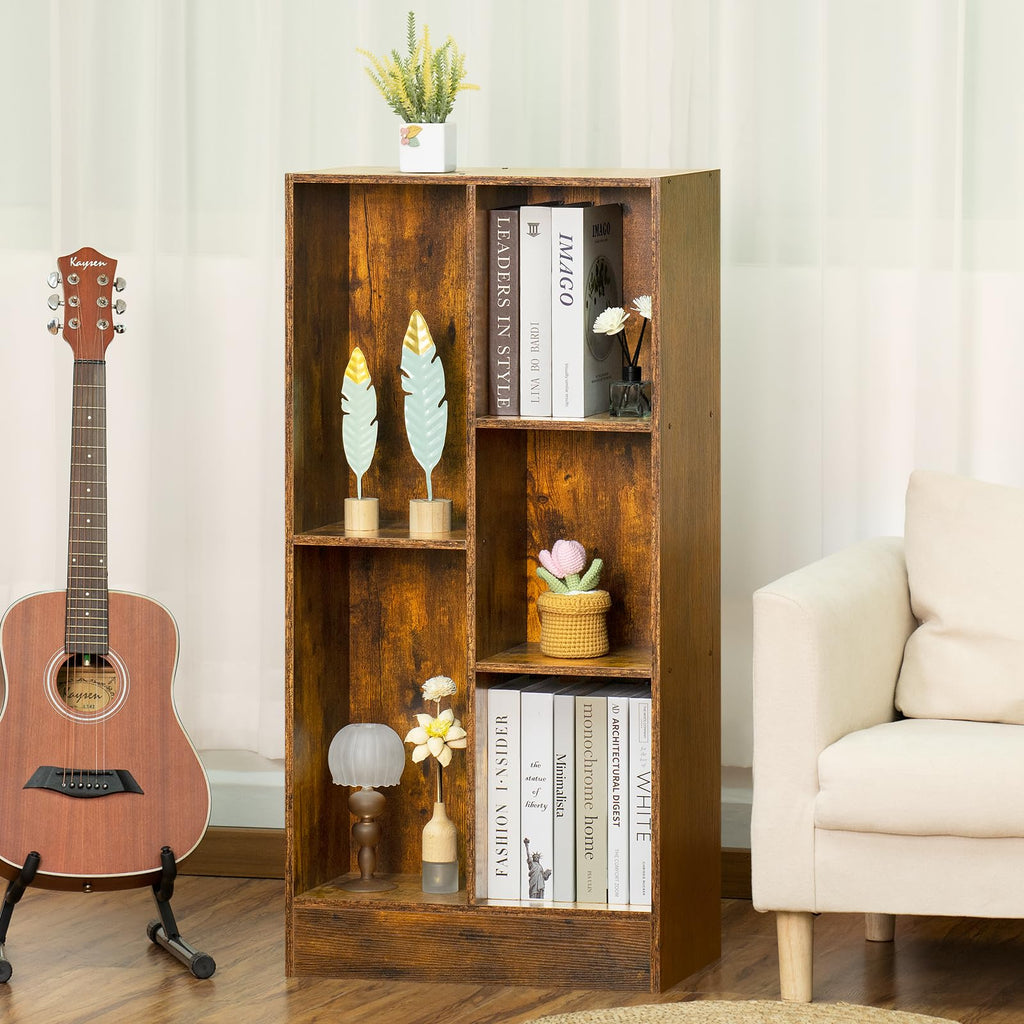 LEYAOYAO 5 Cube Mid-Century Modern Brown Wood Bookcase, 3 Tier Storage Organizer Shelf, Rustic Display Cabinet for Bedroom, Living Room, Office