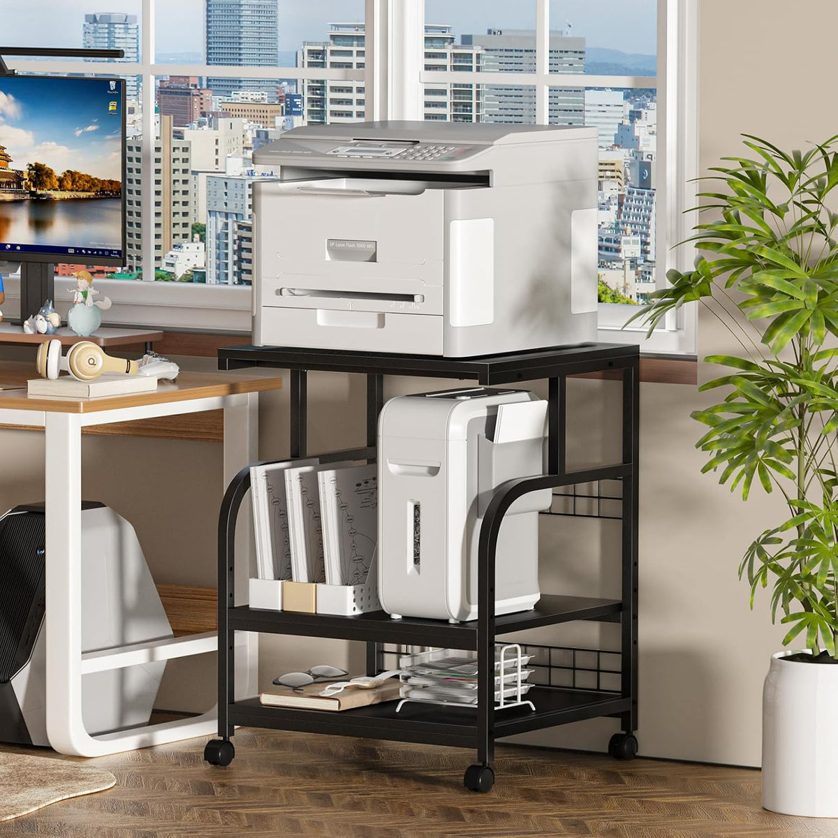 Lerliuo 3 Tier Black Large Printer Stand with Adjustable Storage Shelf