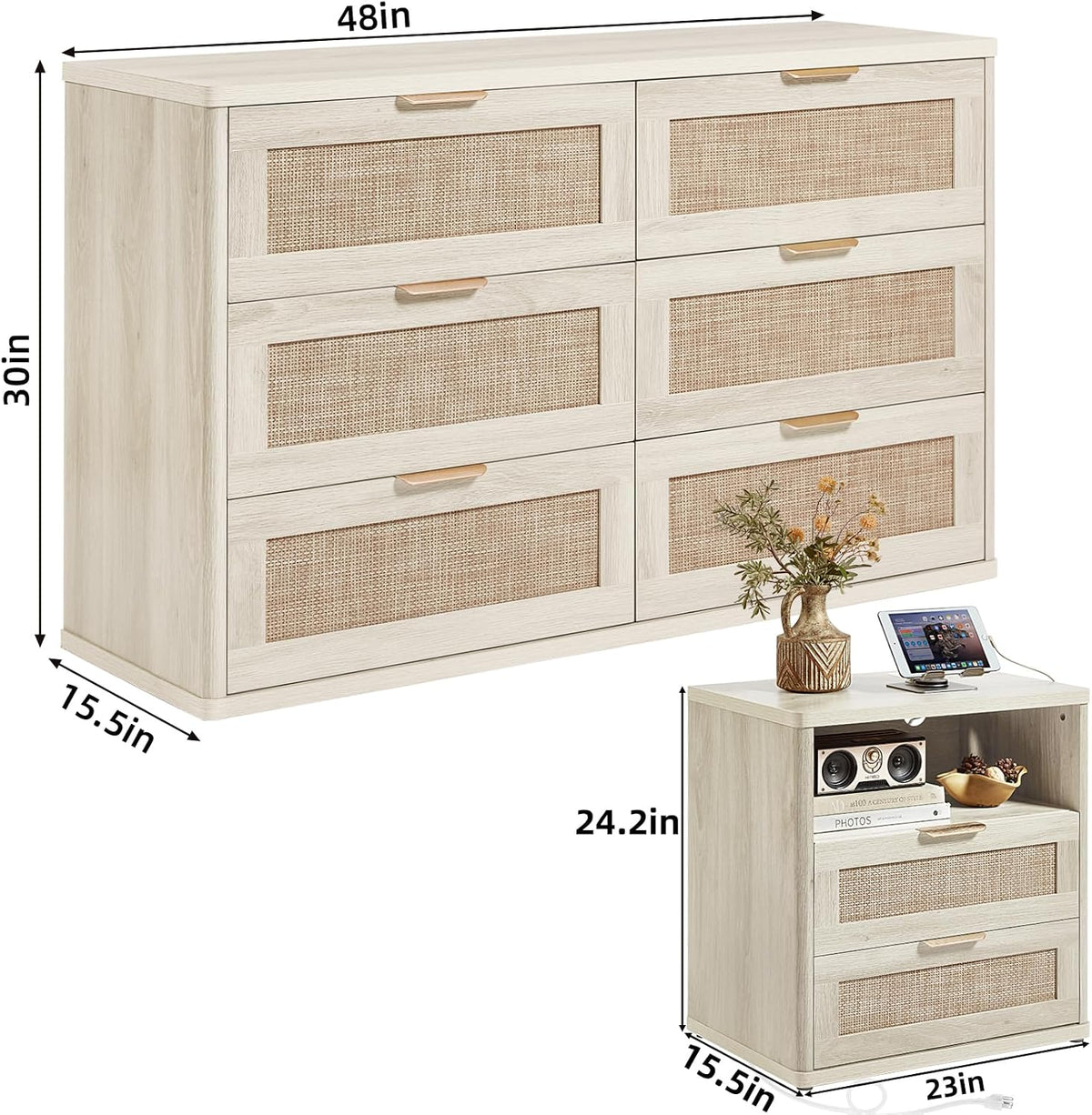 LEYAOYAO Rattan Dresser and Nightstand Set of 2, Boho Wood Dresser for Bedroom with 6 Drawers and Night Stand with Charging Station, Bedroom Furniture, Dressers & Chests of Drawers,Living Room,Hallway