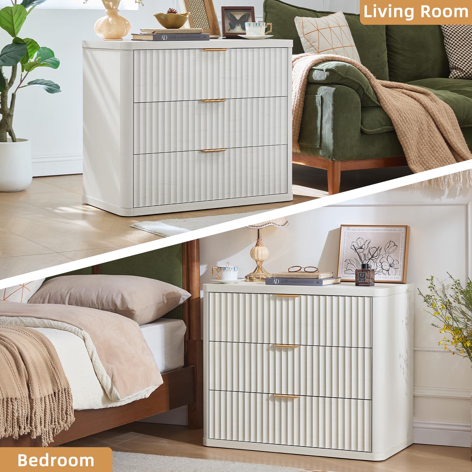 LEYAOYAO 31.5" Wide Fluted Nightstand, Oversized Night Stand, Antique White
