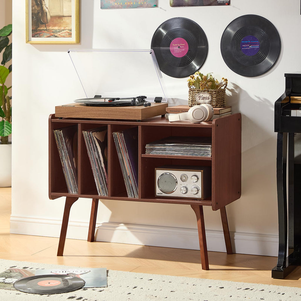 Lerliuo Record Player Stand with 4 Cabinet Holds Up to 220 Albums,Oak