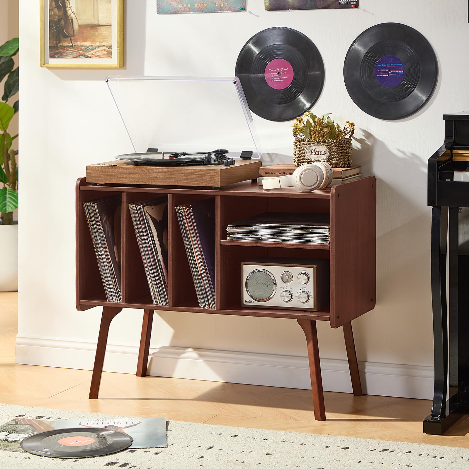Lerliuo Record Player Stand with 4 Cabinet Holds Up to 220 Albums,Oak