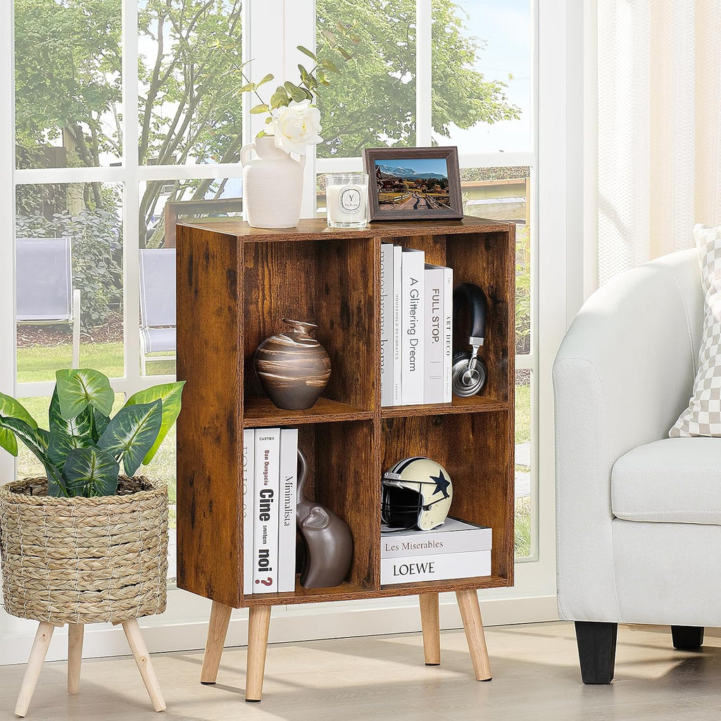 LEYAOYAO 4 Cube Bookshelf, 2-Tier Bookcase with Legs, Brown Kids Book Shelf Cute Storage Organizer, Free Standing Open Toy Shelves Modern Bookshelves,Wood Display Bookcases for Bedroom,Living Room