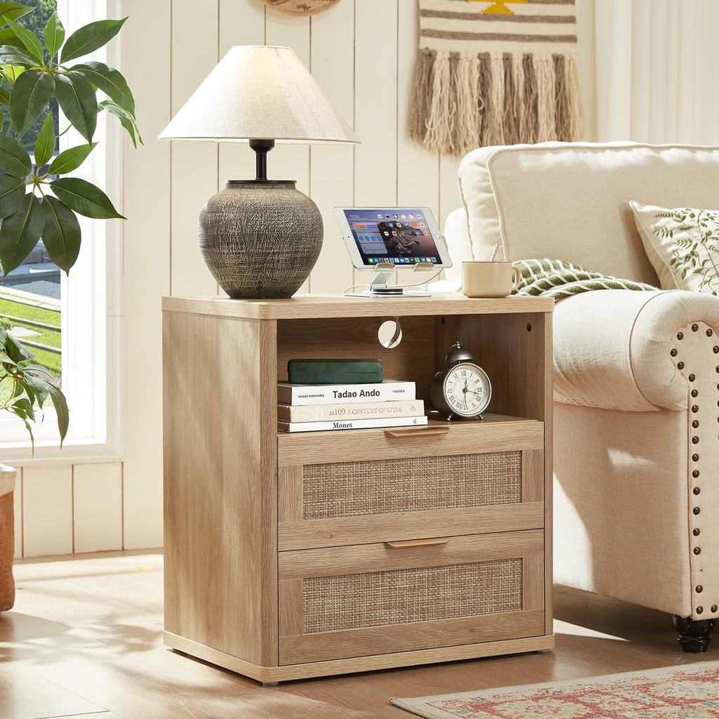 LEYAOYAO Rattan Nightstands Set of 2 with Charging Station, Boho Night Stand Dresser for Bedroom with Drawer, Grey White Bedside Table Open Storage Cabinet, Bed Side End Table, Living Room, Hallway