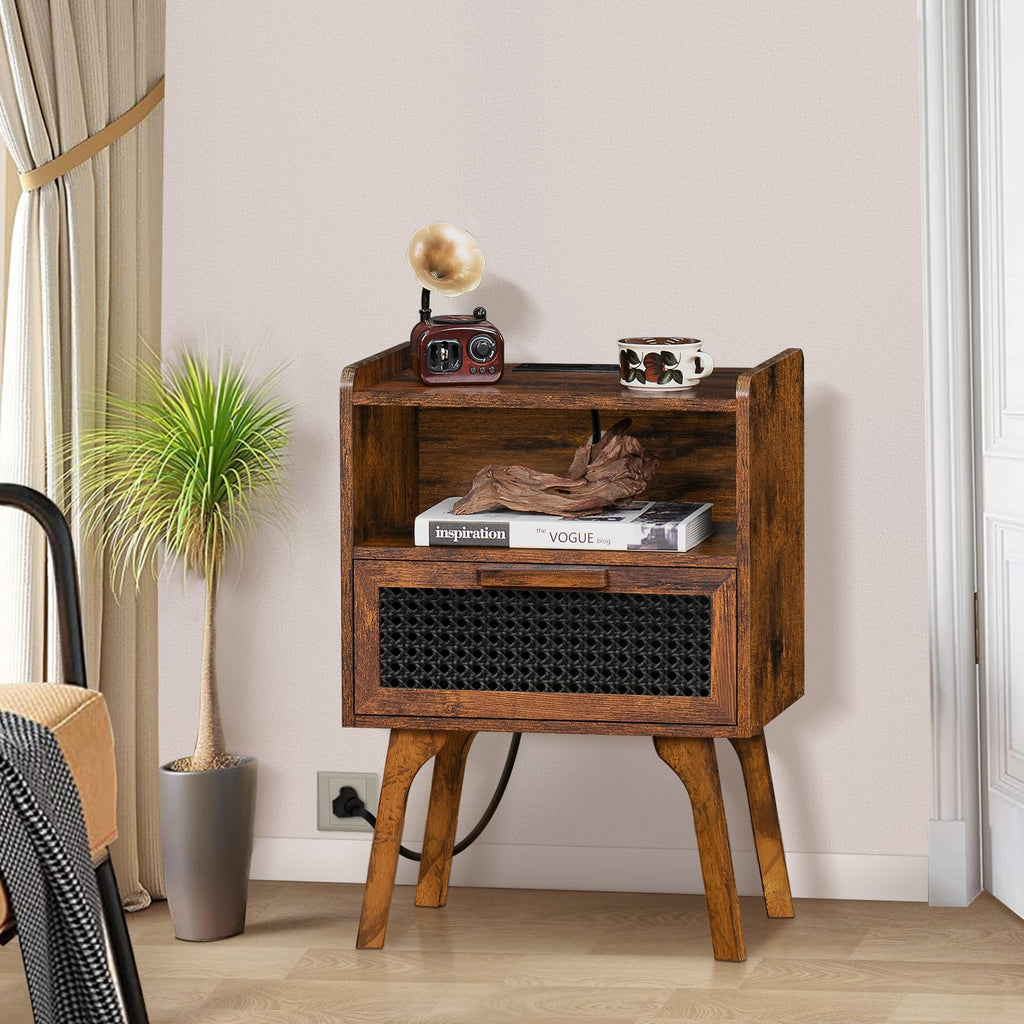 Lerliuo Rattan Nightstand with Charging Station, Boho Night Stand