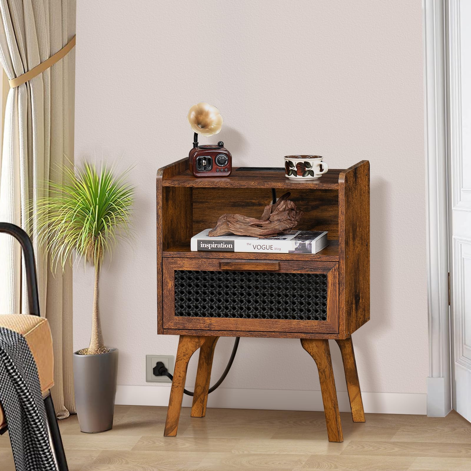 Lerliuo Rattan Nightstand with Charging Station, Boho Night Stand