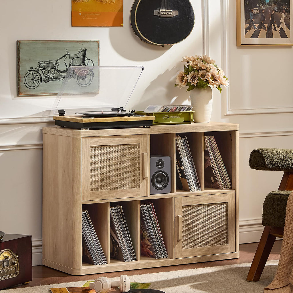 LEYAOYAO Large Record Player Stand with Vinyl Storage Up to 450 Albums, Wood Fluted Record Storage Accent Cabinet, Modern Stereo Media Cabinets, Wide Turntable Stand for Living Room, Antique White