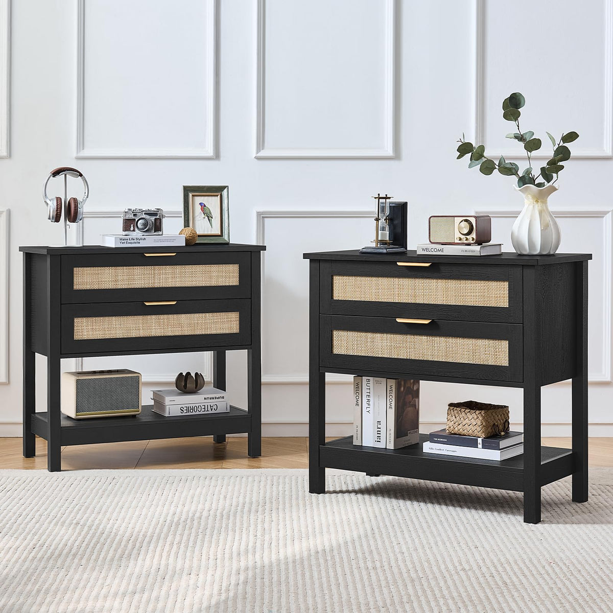 LEYAOYAO 26.8" Wide Rattan Nightstands Set of 2, Large Boho Night Stand