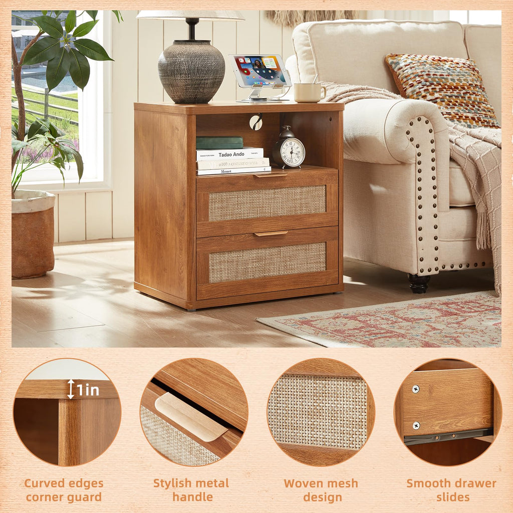 LEYAOYAO Rattan Nightstands Set of 2 with Charging Station, Boho Night Stand Dresser for Bedroom with Drawer, Grey White Bedside Table Open Storage Cabinet, Bed Side End Table, Living Room, Hallway