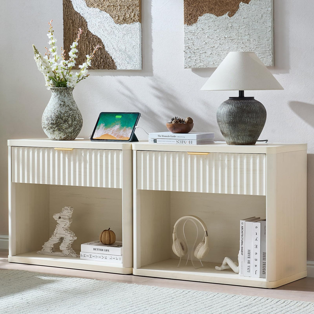 LEYAOYAO 31" Wide Fluted Nightstand with Charging Station, Oversized Extra Large 1 Drawer Night Stand with Golden Handle, Antique White Bedside Table Tall End Tables,for Bedroom, Living Room, Hallway