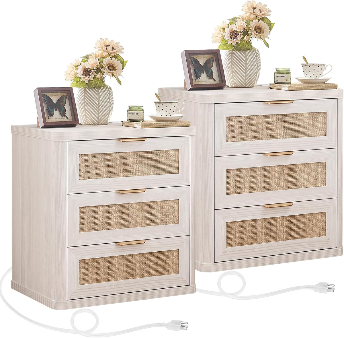 LEYAOYAO Rattan 23" Nightstands with Charger Station 2 Drawers