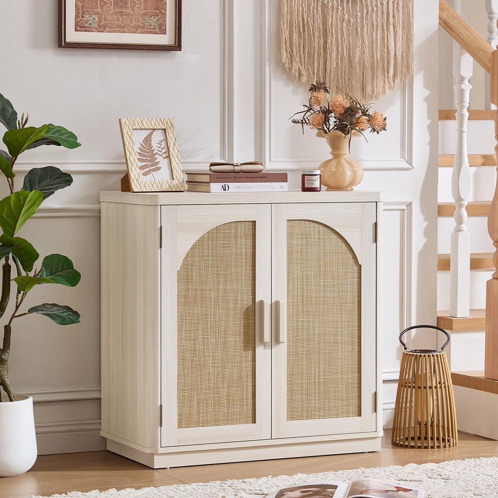 LEYAOYAO Rattan Sideboard Buffet Cabinet with Storage, 31.5" Coffee Bar Cabinet with Arch Doors & Adjustable Shelves, Wood Credenza, Boho Accent Cabinet for Kitchen, Living Room, Natural