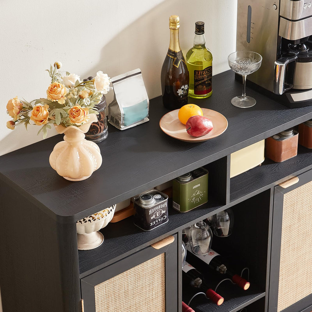 Lerliuo Rattan Wine Bar Cabinet with 2 Doors, Walnut