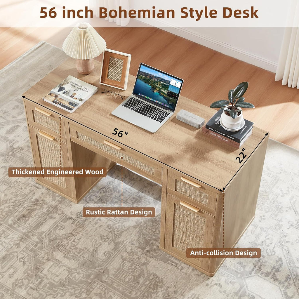 LEYAOYAO Office Desk 56" with 5 Drawers Storage File Cabinet, Natural