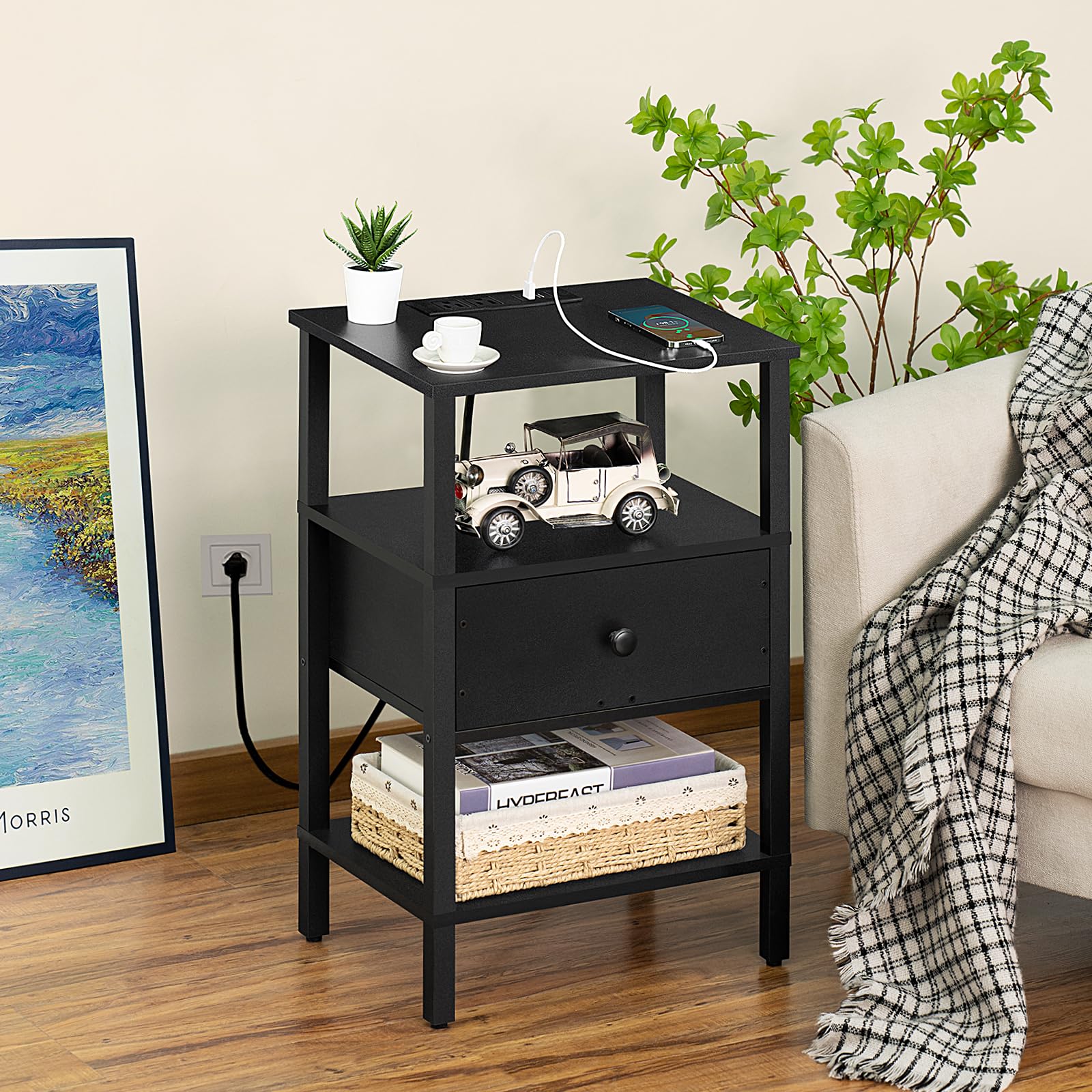 Lerliuo Nightstand with Charging Station and USB Ports, 3-Tier Storage End Table with Drawer Shelf, Night Stand for Small Spaces, Wood Bedside Table for Living Room, Bedroom - Retro Brown…