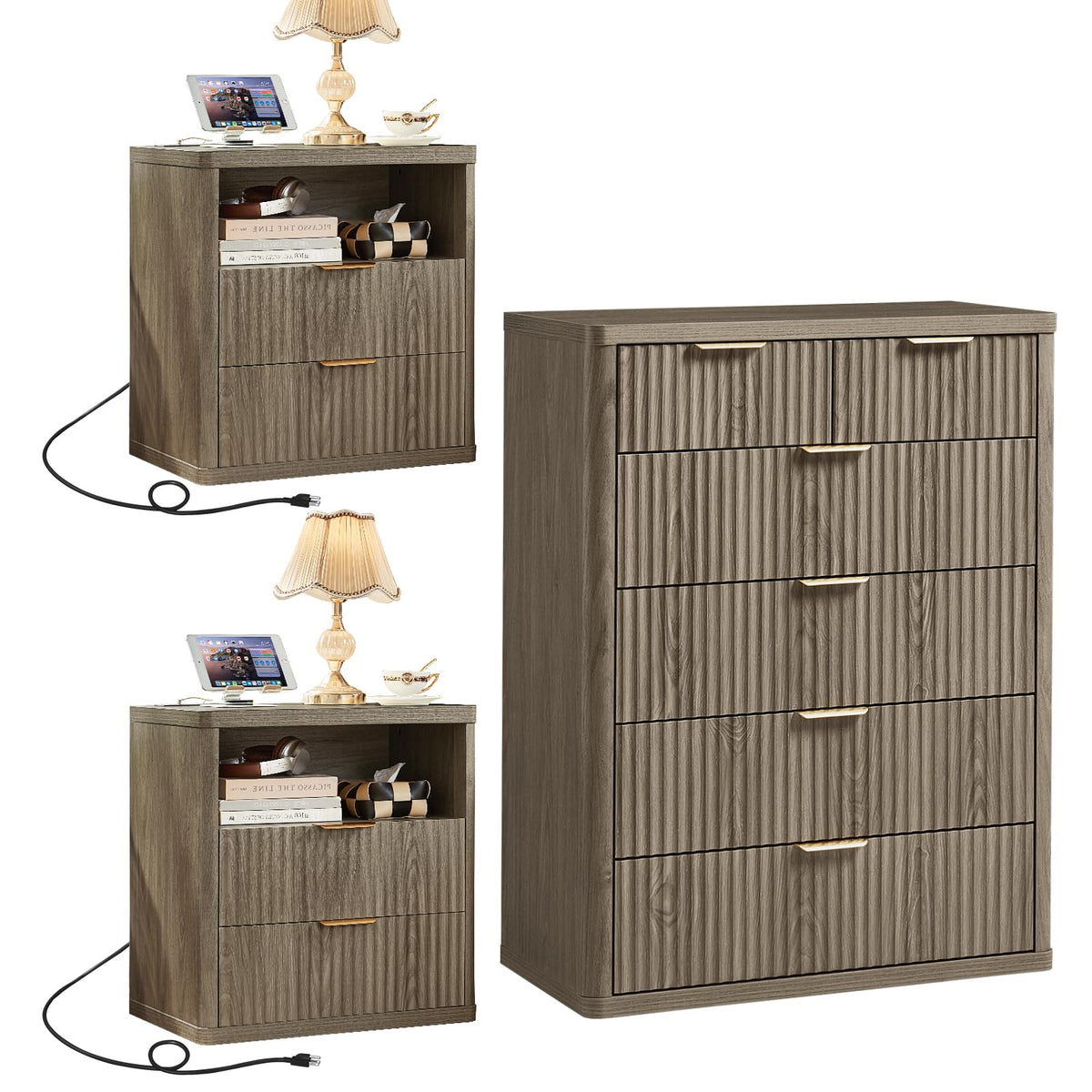 LEYAOYAO Fluted Dressers & Nightstand Set of 4, Wood 48" Wide Dresser & 42" Tall Chest of Drawers,Modern Bedroom Furniture Sets, Black Wooden Nightstand Set of 2 with 2 Drawers & Charging Station