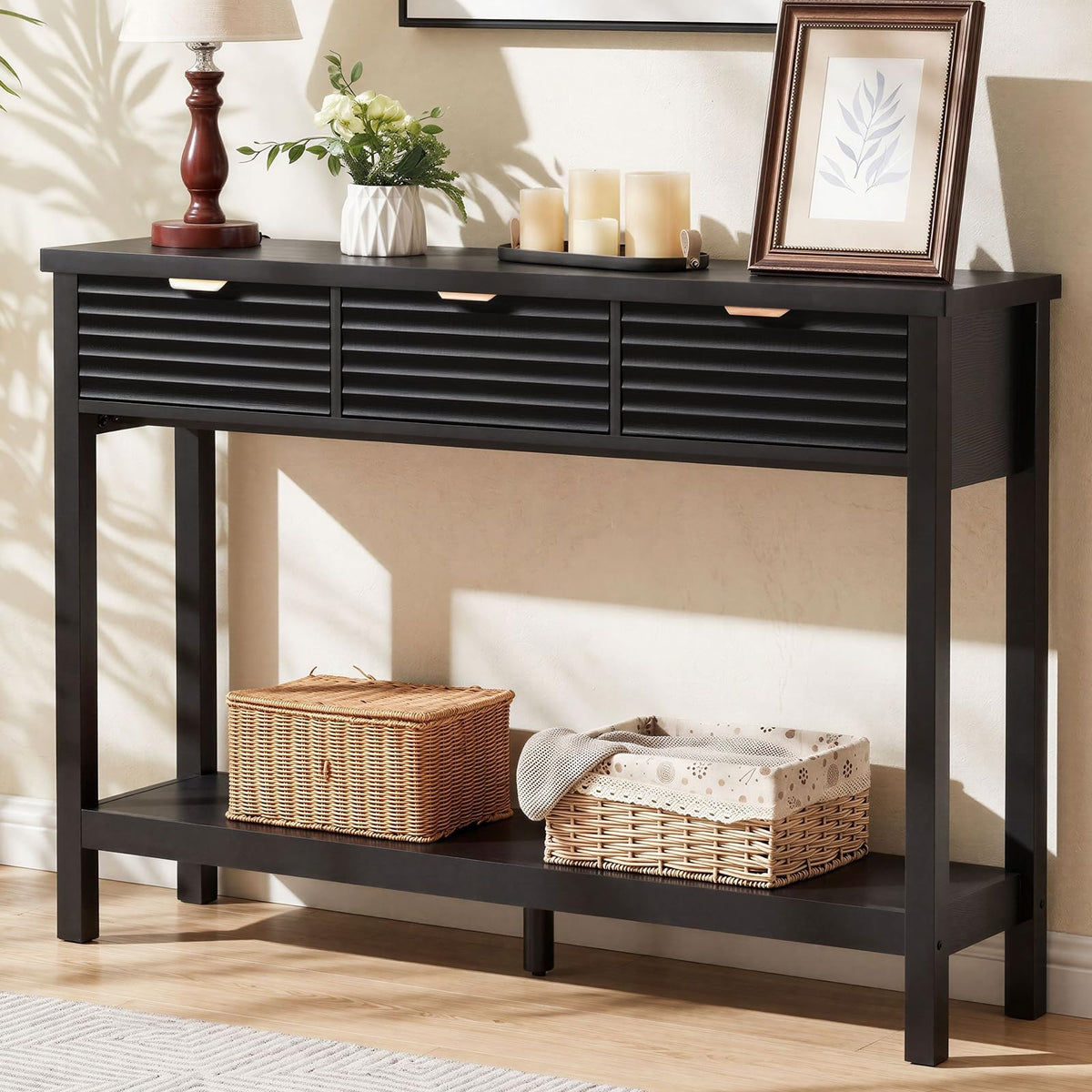 LEYAOYAO 47.2" Fluted Console Table with 3 Drawers, Blue Entryway Table