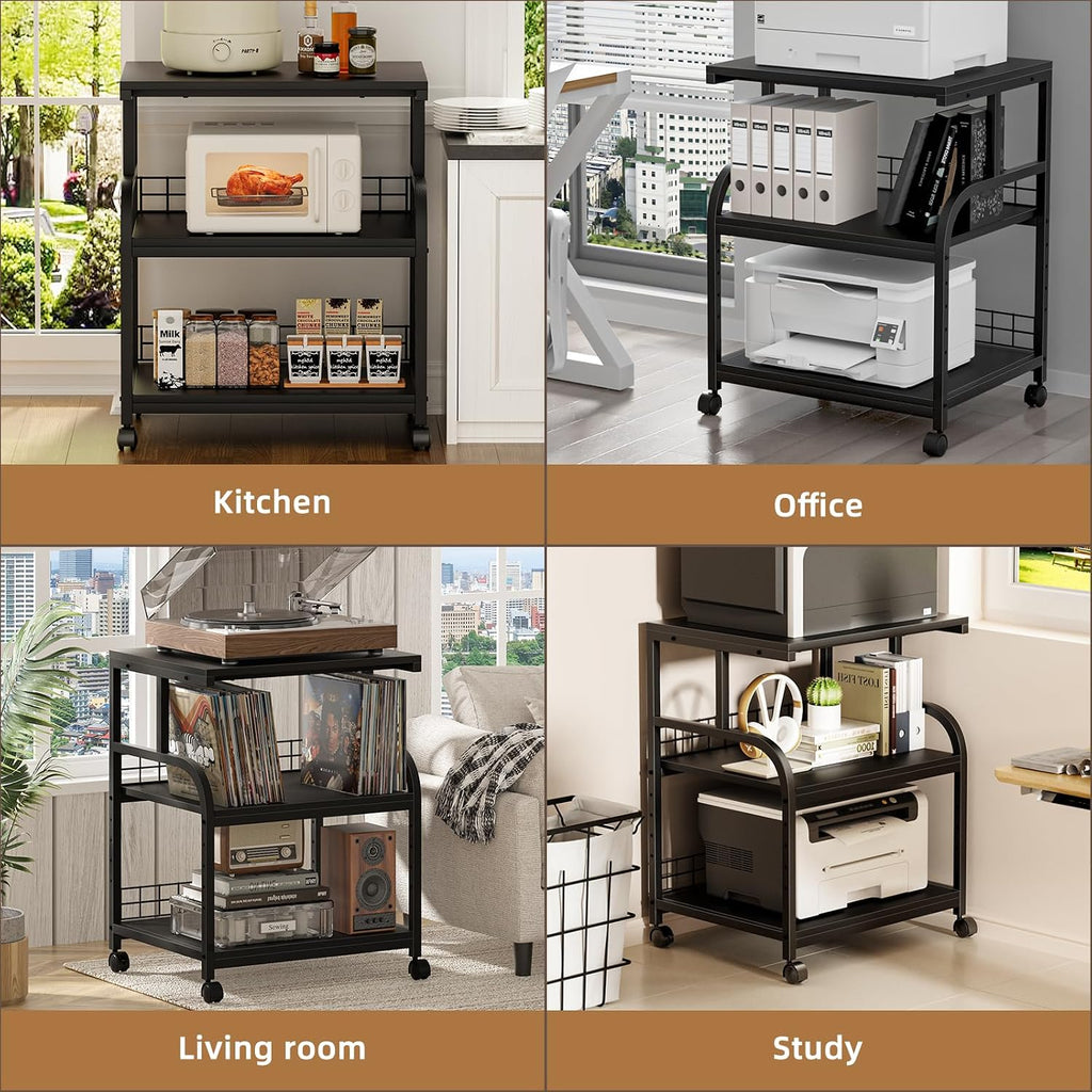 Lerliuo 3 Tier Black Large Printer Stand with Adjustable Storage Shelf