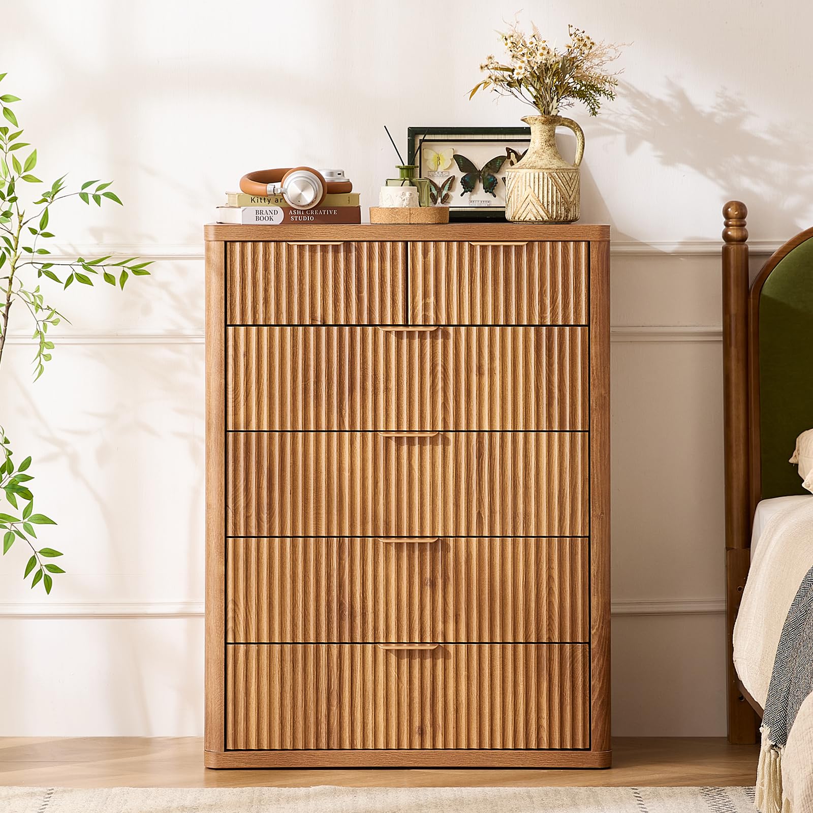 LEYAOYAO Fluted Dressers & Nightstand Set of 4, Wood 48" Wide Dresser & 42" Tall Chest of Drawers,Modern Bedroom Furniture Sets, Black Wooden Nightstand Set of 2 with 2 Drawers & Charging Station