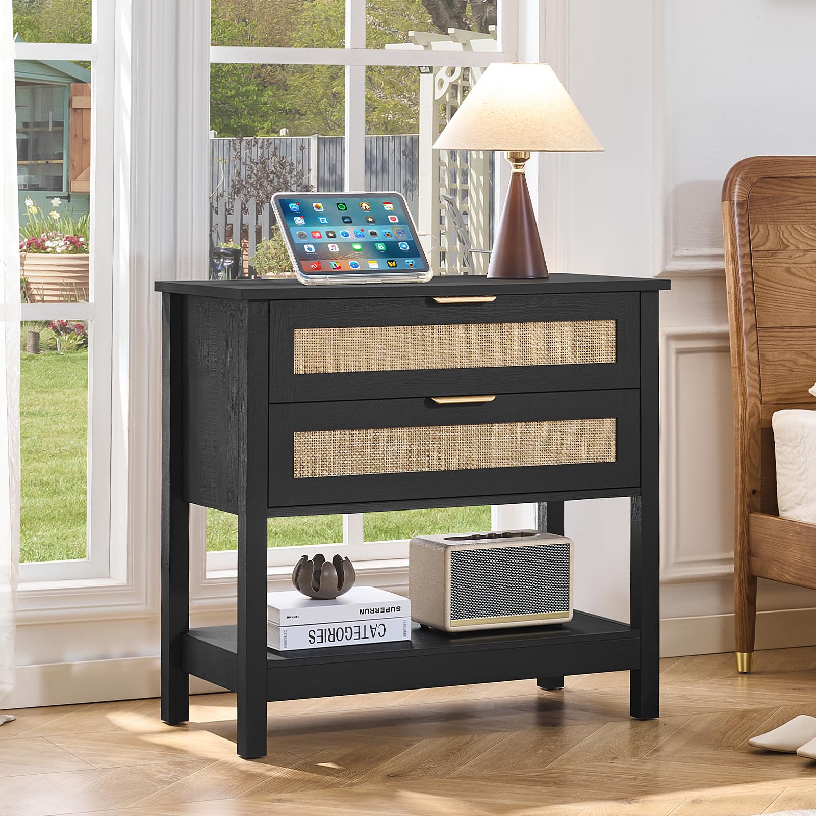 LEYAOYAO 26.8" Wide Rattan Nightstands Set of 2, Large Boho Night Stand