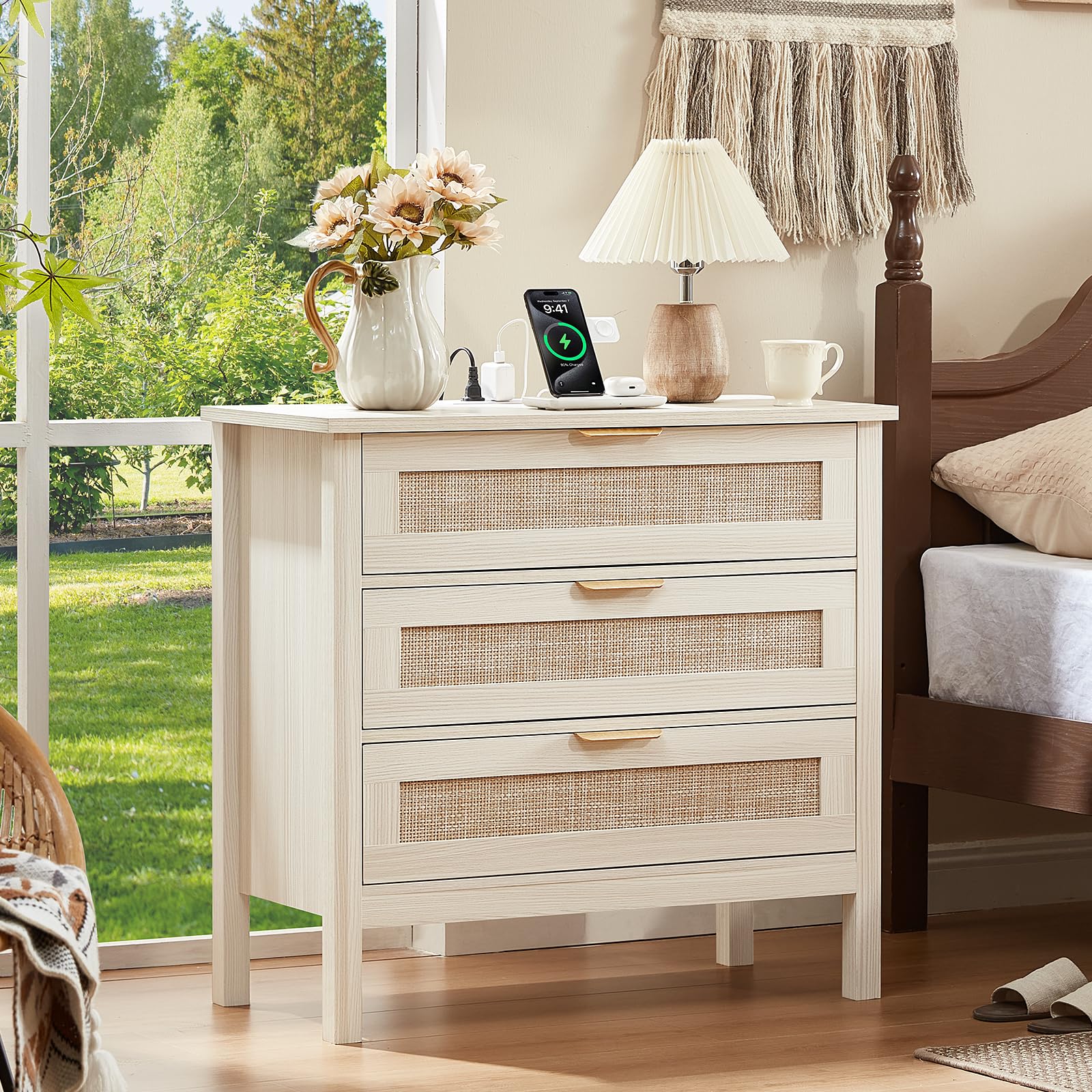LEYAOYAO 26.8" Wide Rattan Nightstands Set of 2, Large Boho Night Stand