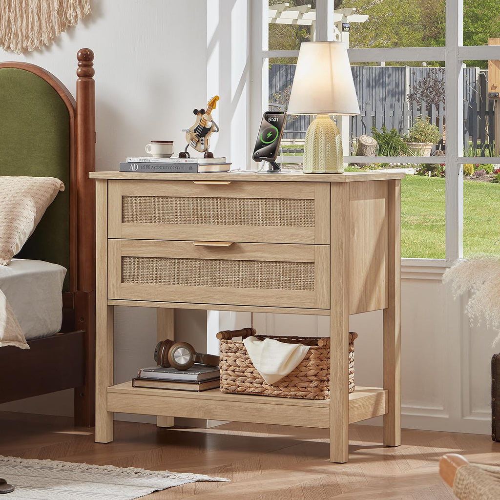 Lerliuo 31.5" Wide Rattan Nightstand,Oversized Large Boho Night Stand with 2 Drawers, 30" Tall Grey White Bedside Table with Storage Shelf, Bed Side End Tables for Bedroom, Living Room, Hallway