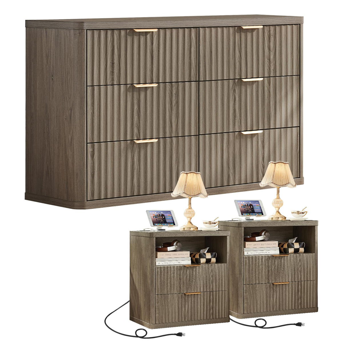 LEYAOYAO 48" Wide Fluted Dresser and 1 Drawers 23" Nightstand Set of 2, Wooden Dresser & Night Stand with Charging Station, 3 Piece Bedroom Furniture Set, Chest of Drawer for Living Room,Antique White
