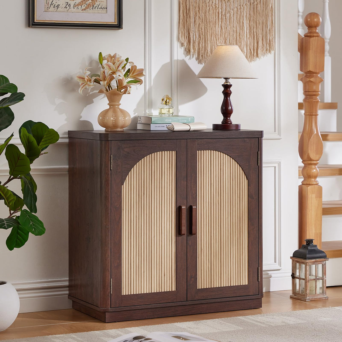 LEYAOYAO Fluted Buffet Cabinet with Storage, 31.5" Coffee Bar Cabinet with Arch Doors & Adjustable Shelves, Mid Century Modern Sideboard, Wood Credenza for Kitchen, Living Room, Natural