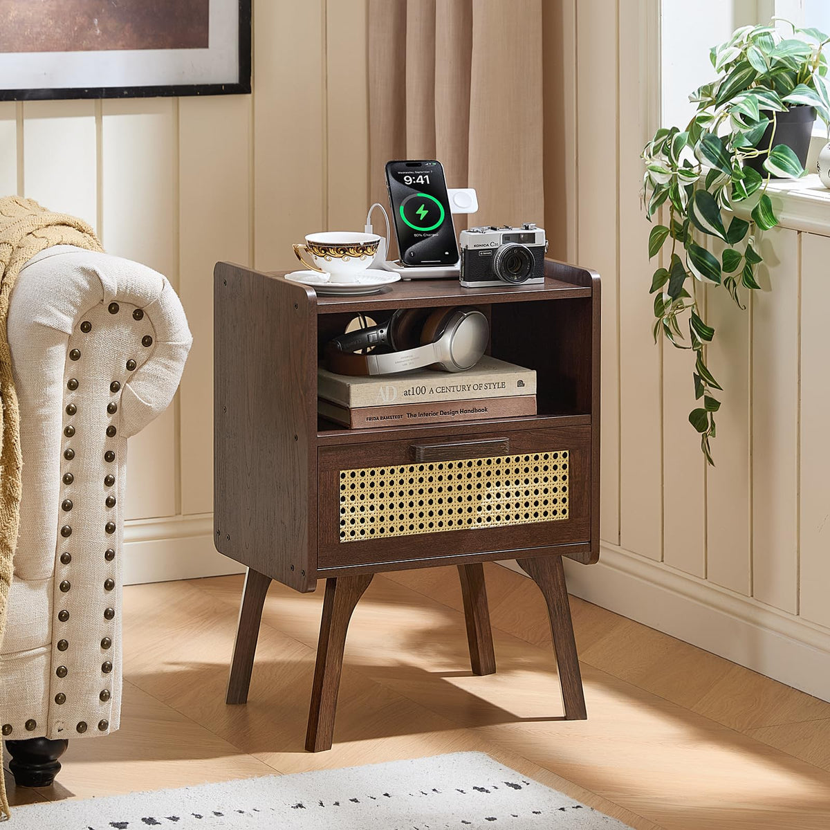 Lerliuo Rattan Nightstand with Charging Station, Boho Night Stand