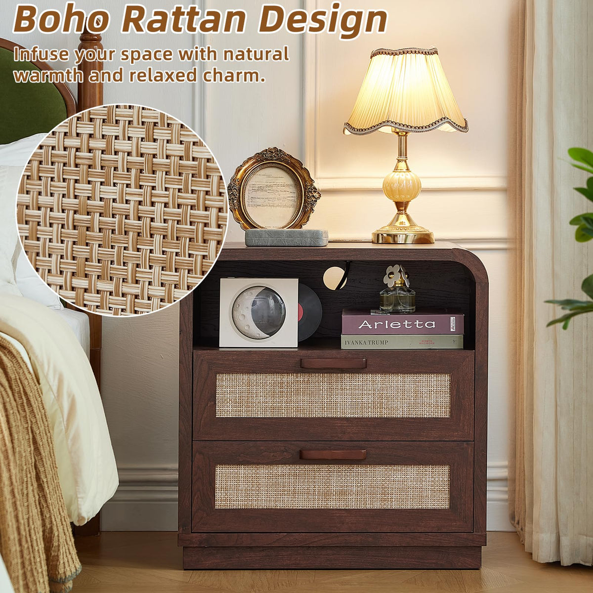 LEYAOYAO Rattan Nightstands Set of 2 with Charging Station, Natural