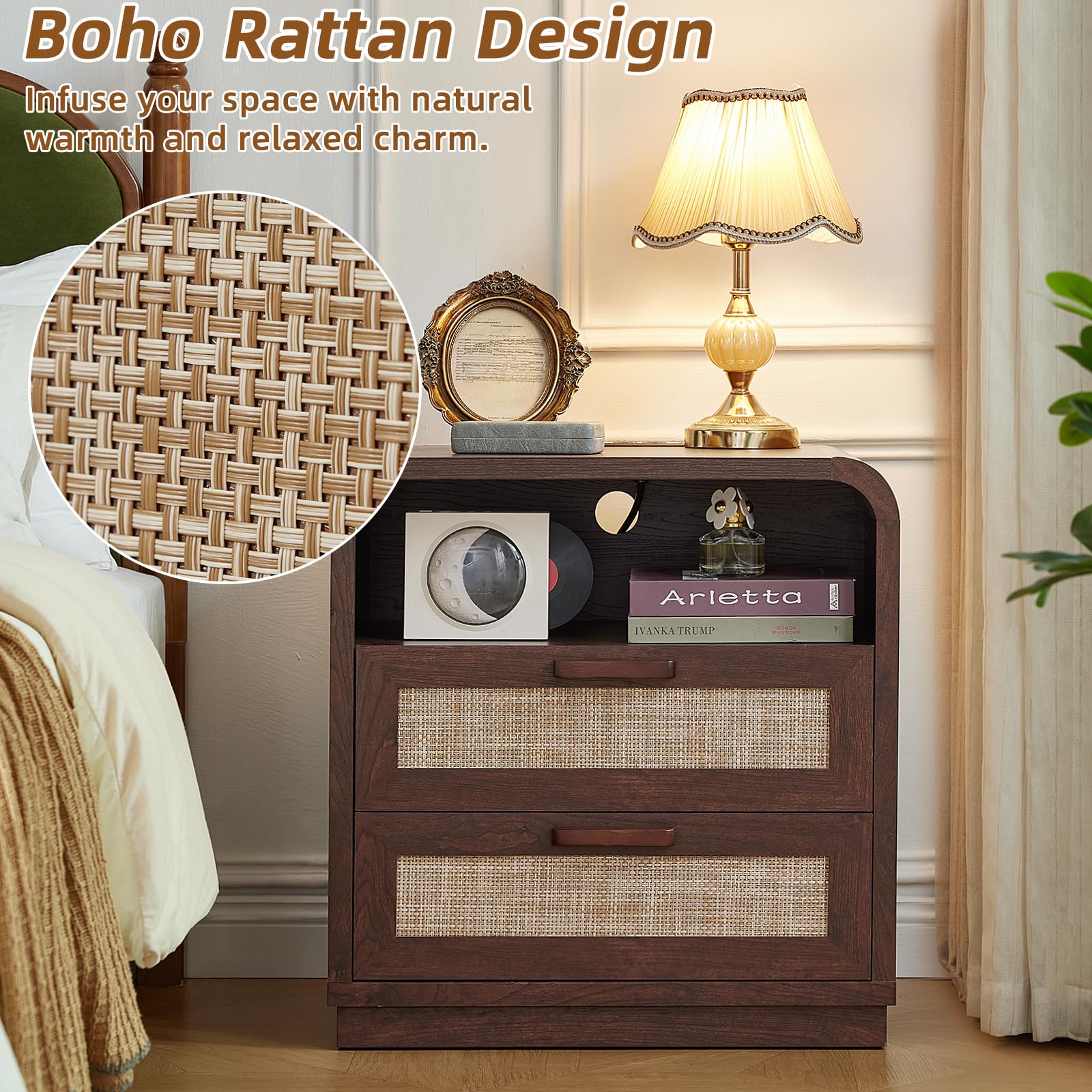LEYAOYAO Rattan Nightstands Set of 2 with Charging Station, Natural