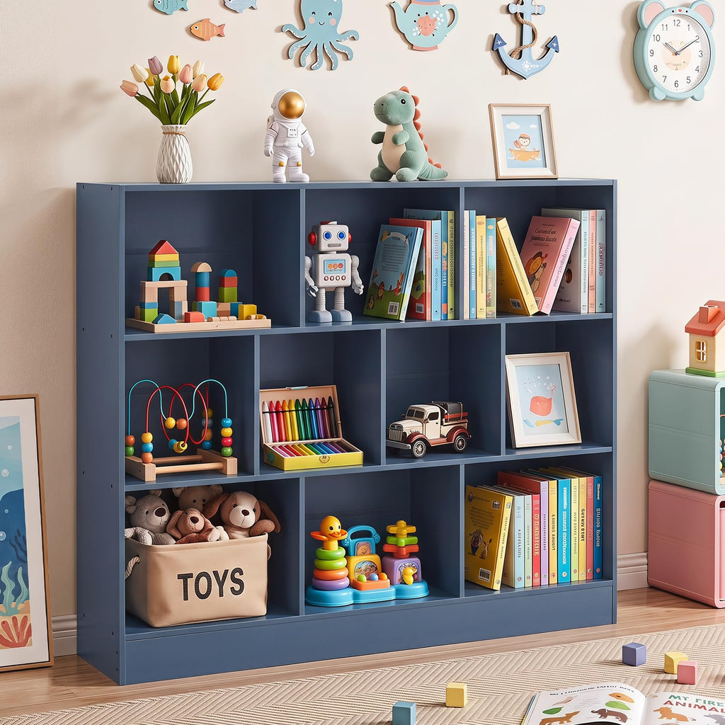 LEYAOYAO 7 Cube Bookshelf with Base,3 Tier Mid-Century Modern Blue Bookcase,Standing Wide Bookshelves Storage Organizer Shelf,Rustic Wood Display Cabinet Book Shelves for Bedroom,Living Room,Office