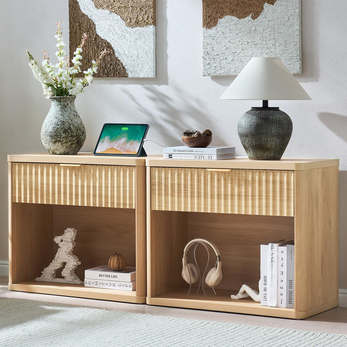 LEYAOYAO 31" Wide Fluted Nightstand with Charging Station, Oversized Extra Large 1 Drawer Night Stand with Golden Handle, Antique White Bedside Table Tall End Tables,for Bedroom, Living Room, Hallway